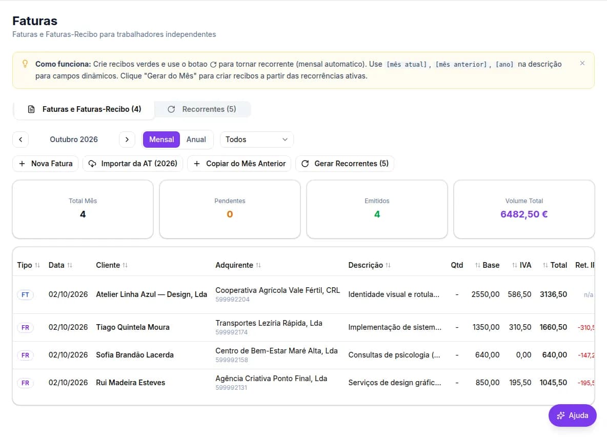 Lista de faturas e faturas-recibo emitidas no Konta