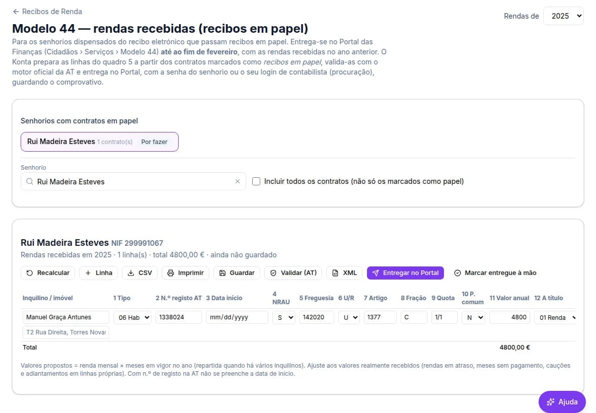 Ecrã do Modelo 44 para rendas recebidas com recibos em papel