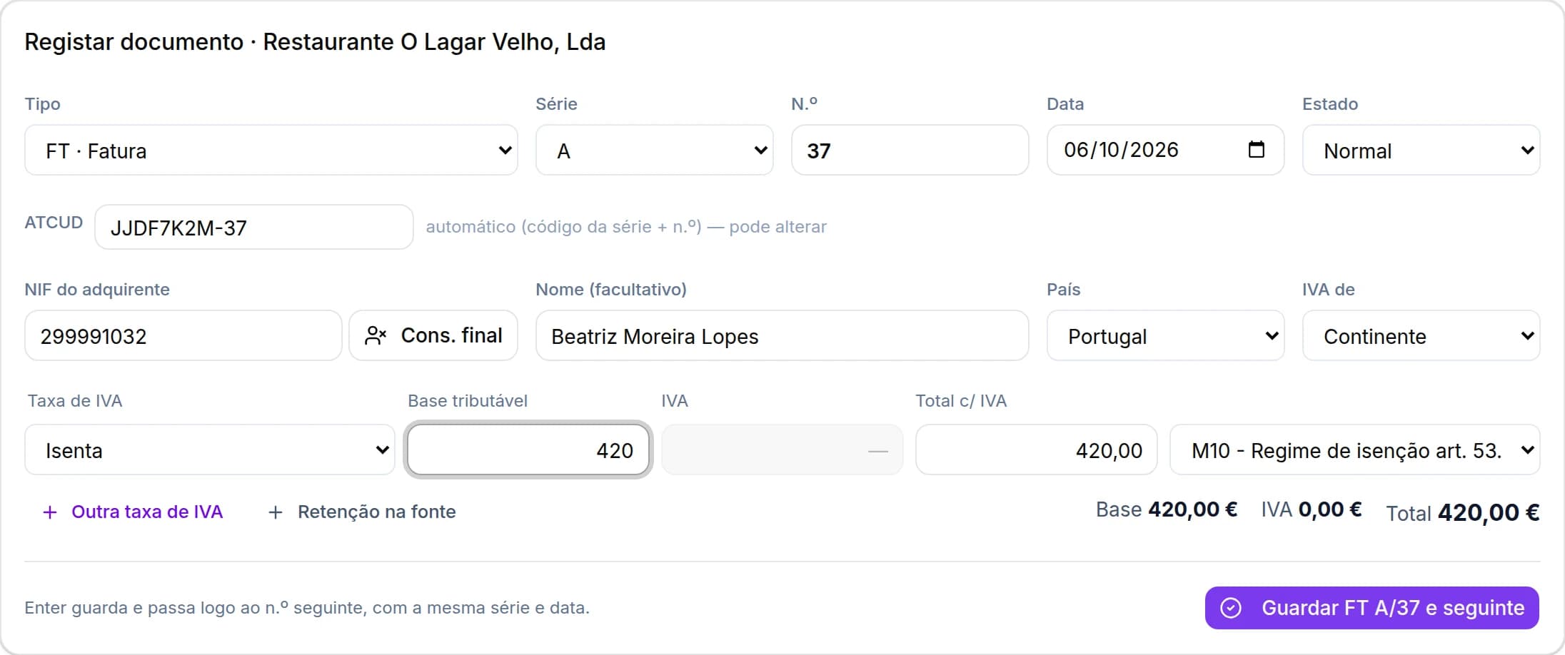 Formulário Comunicar ao e-Fatura
