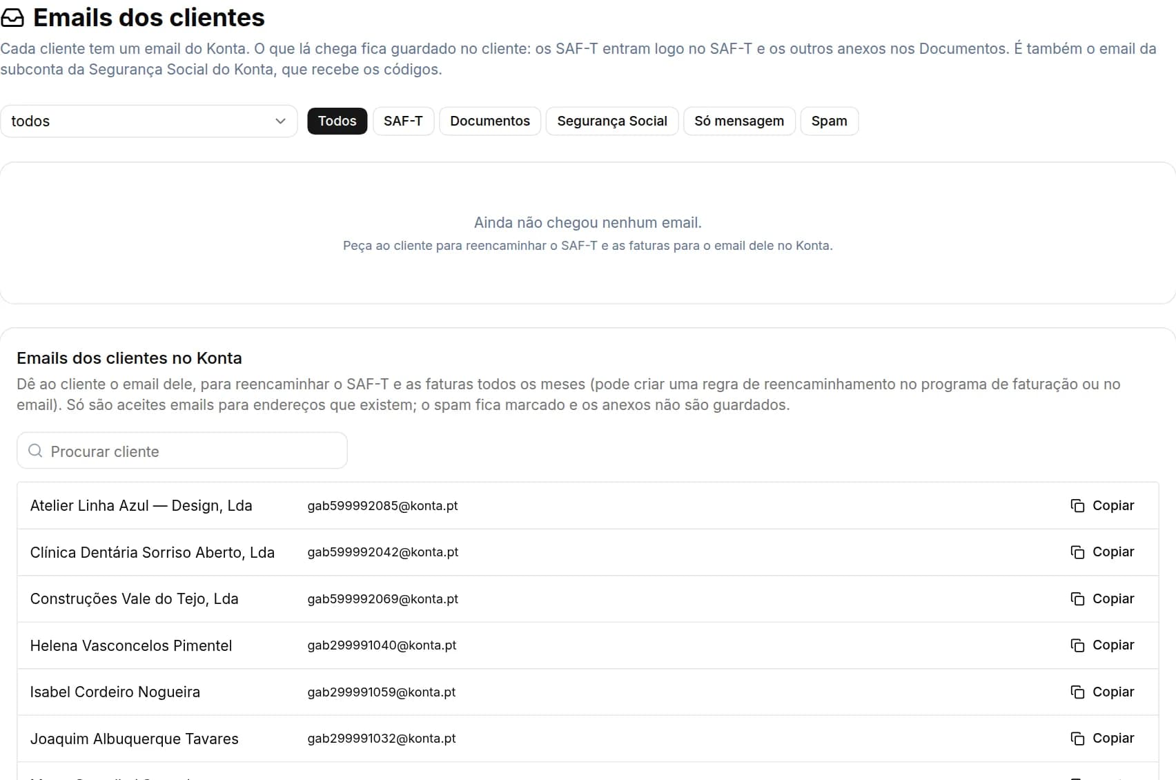 Ecrã Emails dos clientes com SAF-T e documentos recebidos